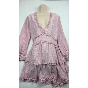 Womens Boho Cottagecore Tiered Ruffle Mini Dress Pink Leopard Print Open Back L